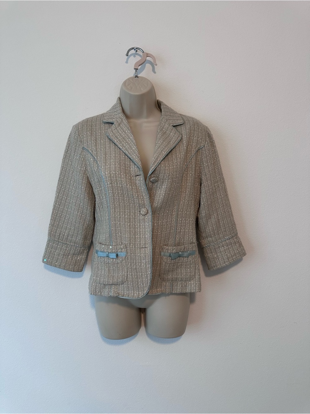 kenzie Beige Tweed Blazer with Light Blue Trim
